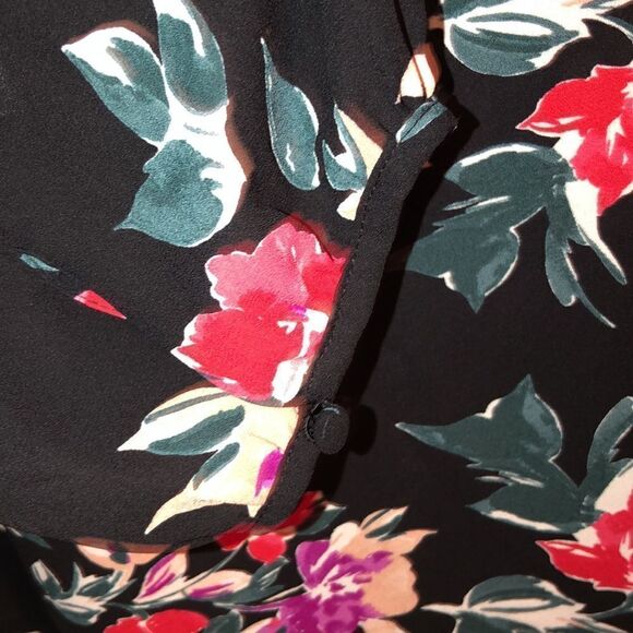 EVRI 2X Black Fuchsia Pink Green Wt Floral Neck Tie Long Sleeve Pullover Blouse - Picture 8 of 14